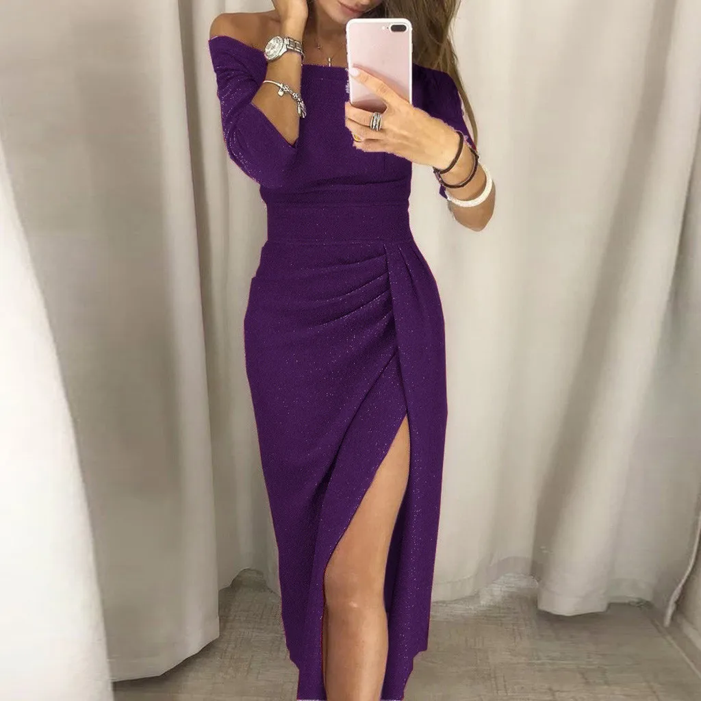 KLV новые модные женские туфли с открытыми плечами высокий разрез Bodycon платье длинным рукавом платья для женщин L5.22