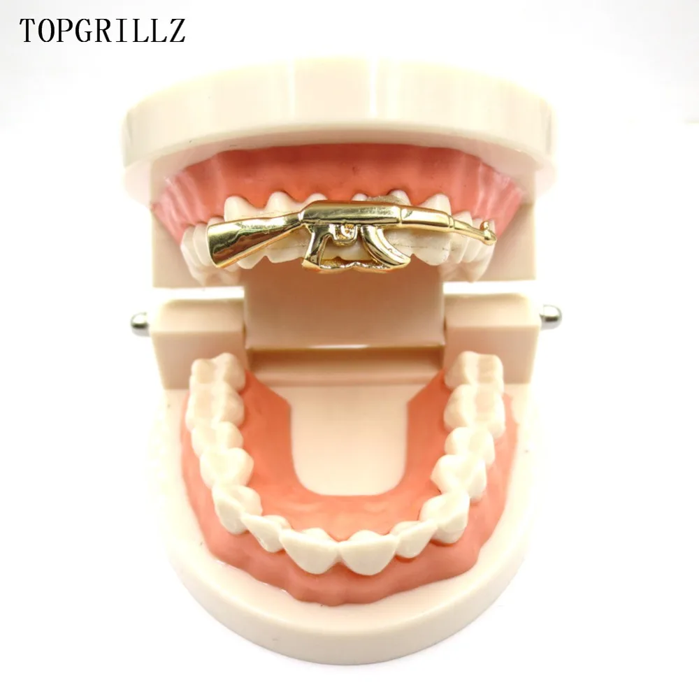 TOPGRILLZ пользовательский подходят чистого золота Цвет покрытием хип хоп ak 47 винтовка Grillz кепки Топ грили АК золото Grillz