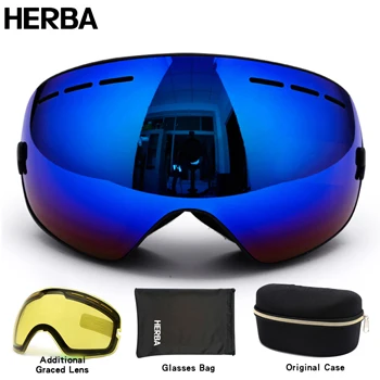 Новинка, HERBA, брендовые лыжные очки, двойные, UV400, анти-туман, большая Лыжная маска, очки для катания на лыжах, для мужчин и женщин, очки для сноуборда, HB3-3 - Цвет: Black Frame Blue