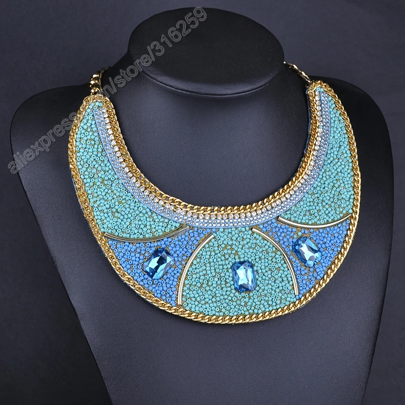 Short Fake Collar Sapphire U-shape Blue Bib Choker Necklaces Women Bohemian Necklace Ethnic Jewelry Vintage Style | Украшения и