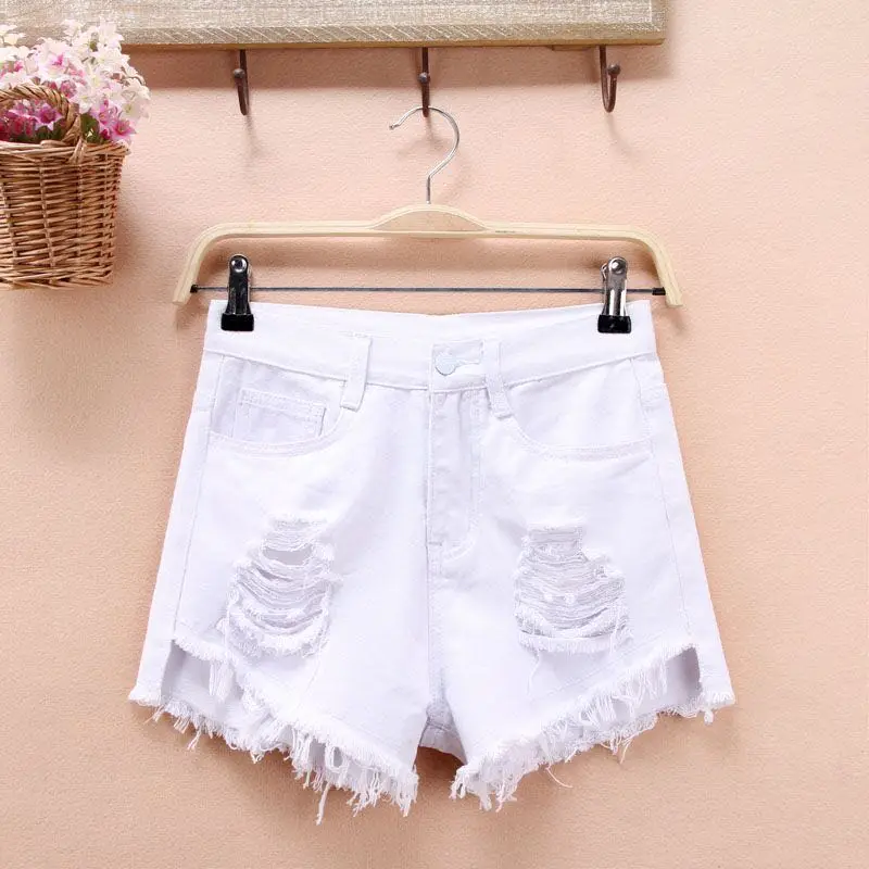 HziriP Denim Shorts Solid Hole Ribbons Washed Pockets High Waist Women Loose Summer Hot Black White | Женская одежда