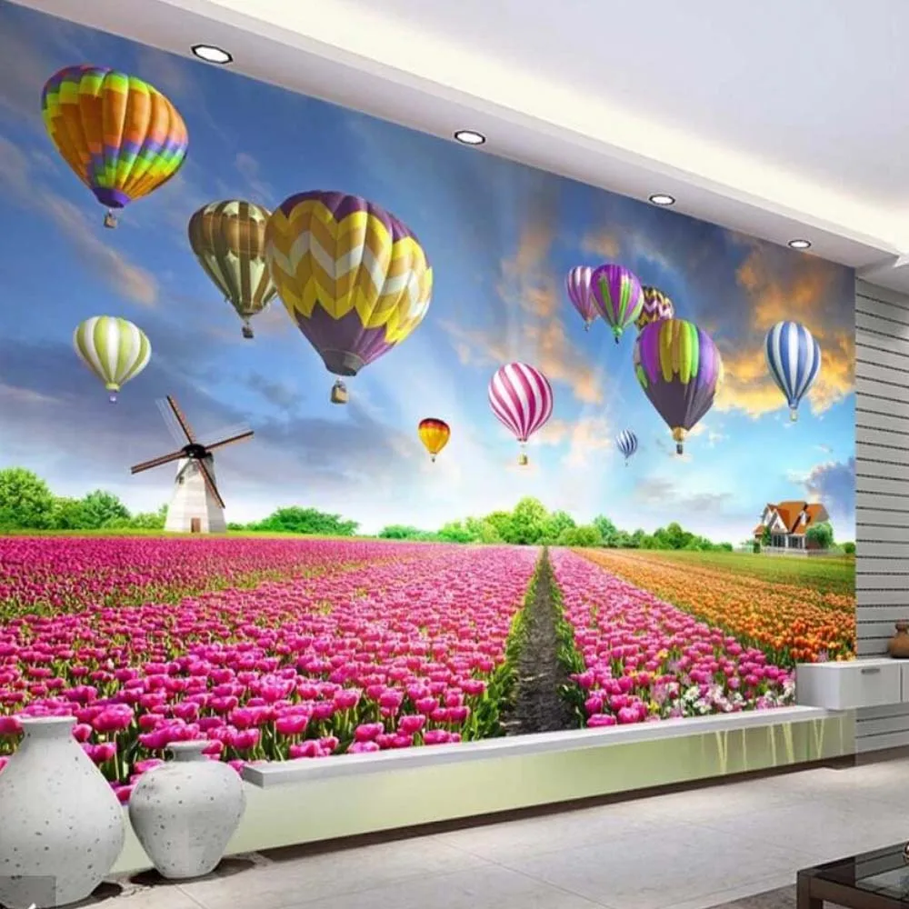 3D Hot Air Balloons Tulip Flower Wall Paper Mural for Kids Bedroom Floral Art Decor 3d Home Wallpaper Landscape Murals | Обустройство