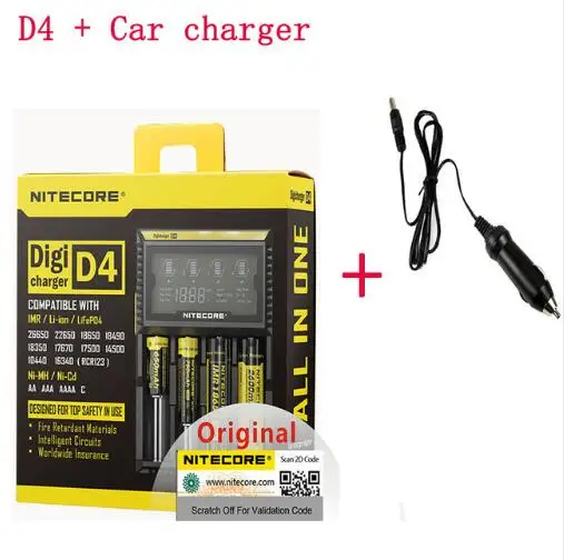 Оригинальное Nitecore D4 18650 зарядное устройство с ЖК-экраном для IMR Li-Ion LiFePO4 Ni-MH Ni-Cd зарядка 26650 18650 14500 зарядное устройство - Цвет: D4 add car charger