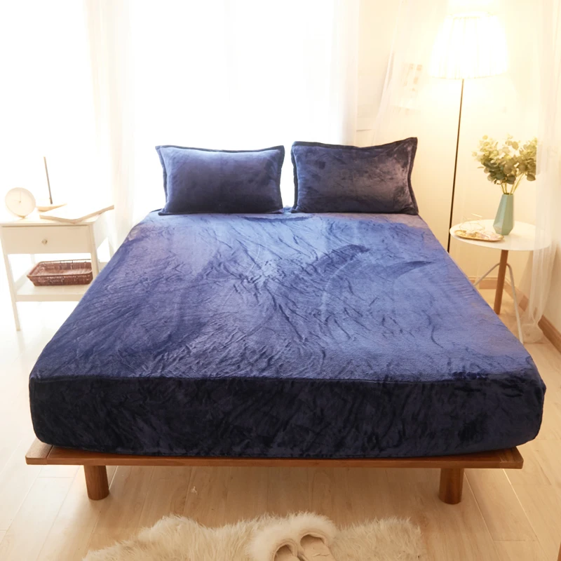Фото Темно синий сплошной цвет фланелевая ткань 3 шт простыня с наволочкой постельное