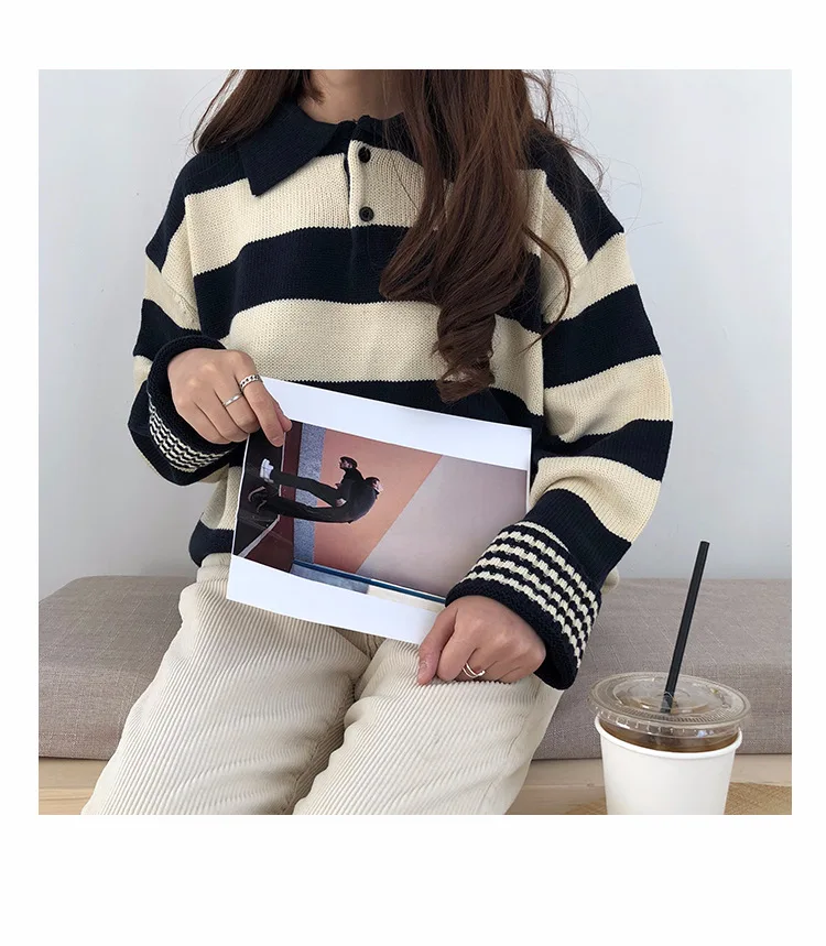 Зимний корейский свитер ulzzang модный Свободный Повседневный полосатый вязаный свитер шикарный Harajuku большой размер женский свитер ins