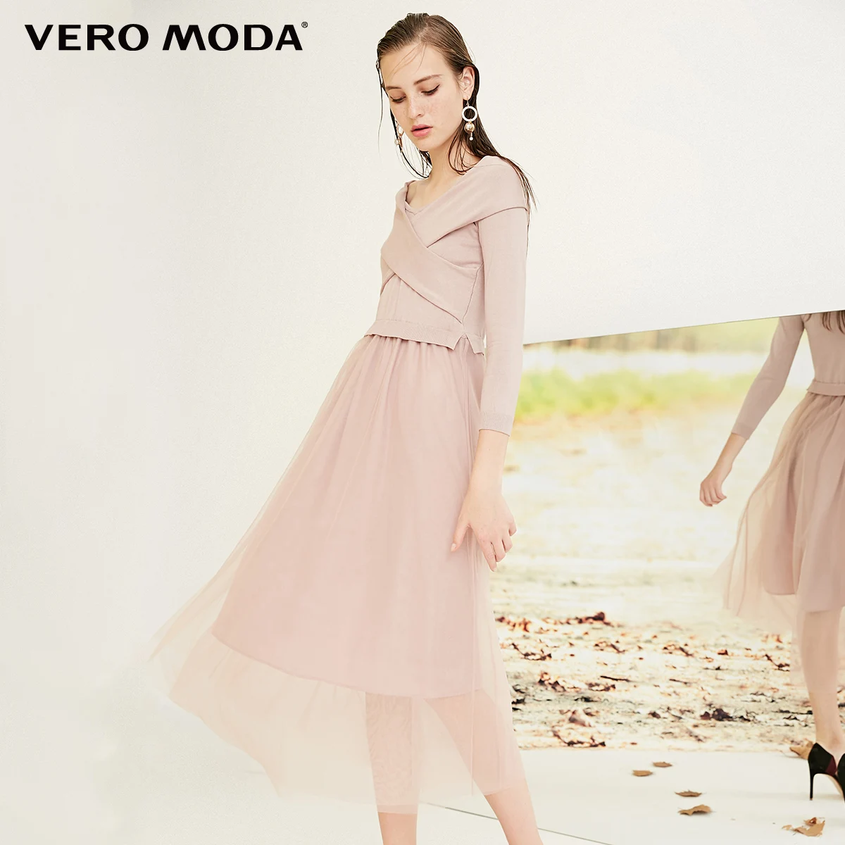 Vero Moda трикотажные Gauzy Splice 3/4 рукава Макси/длинное платье Вечерние платья | 31837C530 - Цвет: Fawn