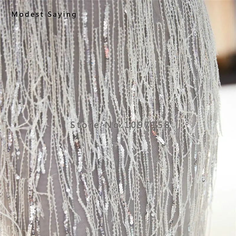 Женское вечернее платье-русалка длинное серебристое платье с бахромой вышитое