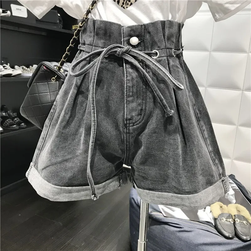 gray CHICEVER весенние женские короткие джинсовые брюки с высокой талией на шнурках с карманами на пуговицах Свободные женские широкие брюки Новые - Цвет: gray