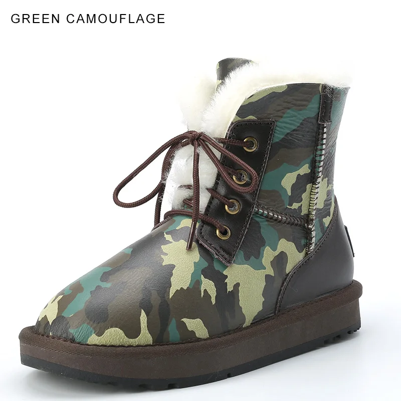 Green Camouflage INOE Модные женские повседневные Зимние ботильоны из натуральной овечьей кожи с меховой подкладкой обувь для отдыха удобные зимние полуботинки на плоской нескользящей подошве на шнуровке цвет синий, зеленый, камуфляж - Цвет: Green Camouflage