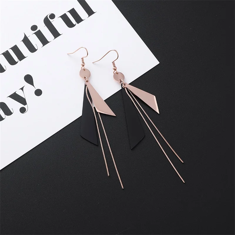 style-11 New Listing Geometric Titanium Steel long Tassel Girl Earrings gold Stainless Steel Triangle leaf Girl Black Jewelry Earrings 1 - Окраска металла: style-11
