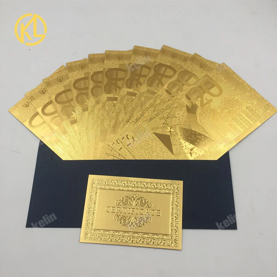 

10 pcs Plastic gold Foiled Plastic 500 Euro Banknote Bill for Wedding Return Souvenir Money with Plastic Stand for Selection