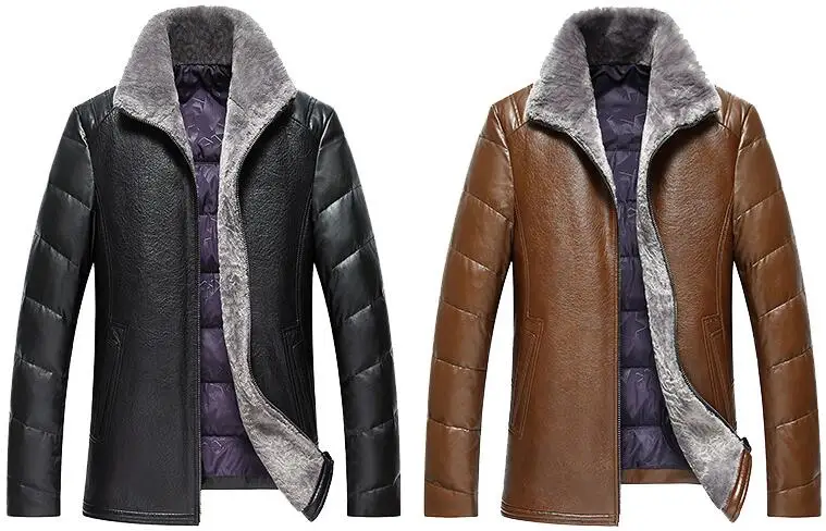 

Leather Down Jacket Men's Fur Coats Winter Duck Down Parka Male Clothing Thicken Warm Outerwear Overcoat Larger Size Windbreaker