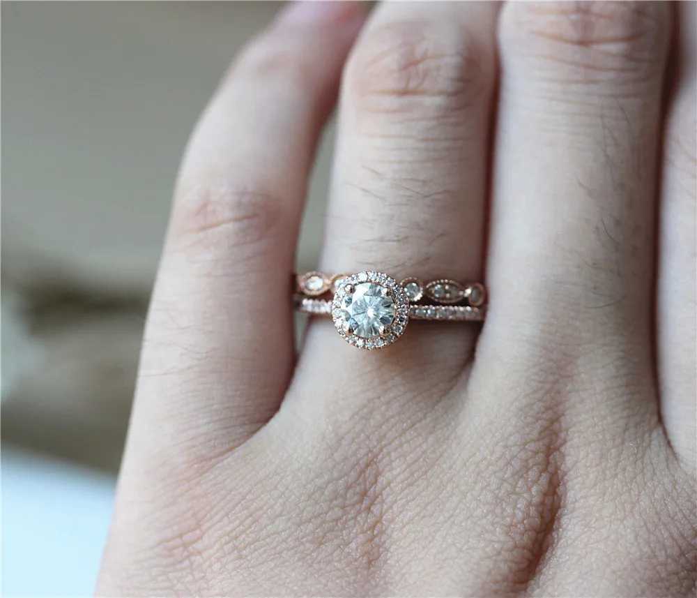 

DUPUY 14K Rose Gold Engagement Ring Set 5mm Round Cut Forever Classic Halo Ring Art Deco Half Eternity Diamonds Wedding Ring Set