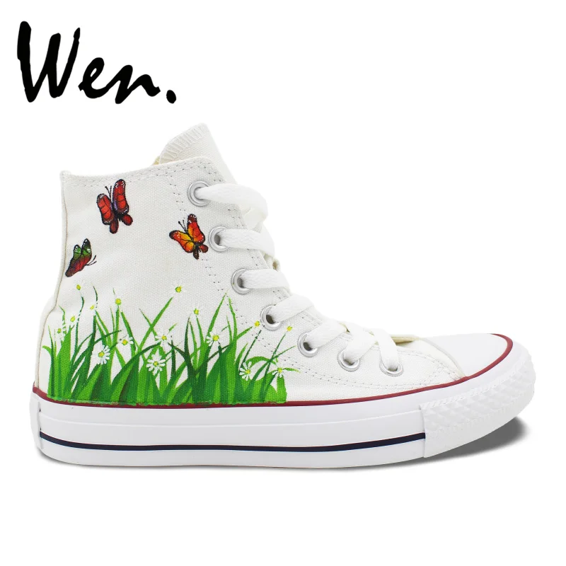 

Wen Men Women's Hand Painted Shoes Original Design Custom Butterfly in Flowers High Top Canvas Sneakers for Gifts