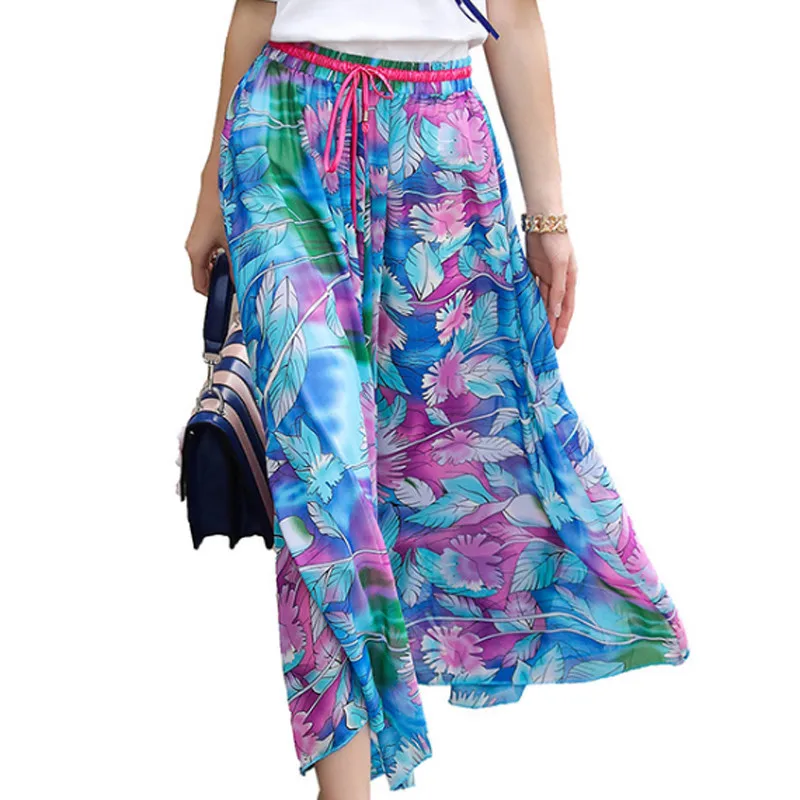 Лето 2017 г. Богемия Стиль цветок печатных юбка дрожь Sandy груди шифон завернутый