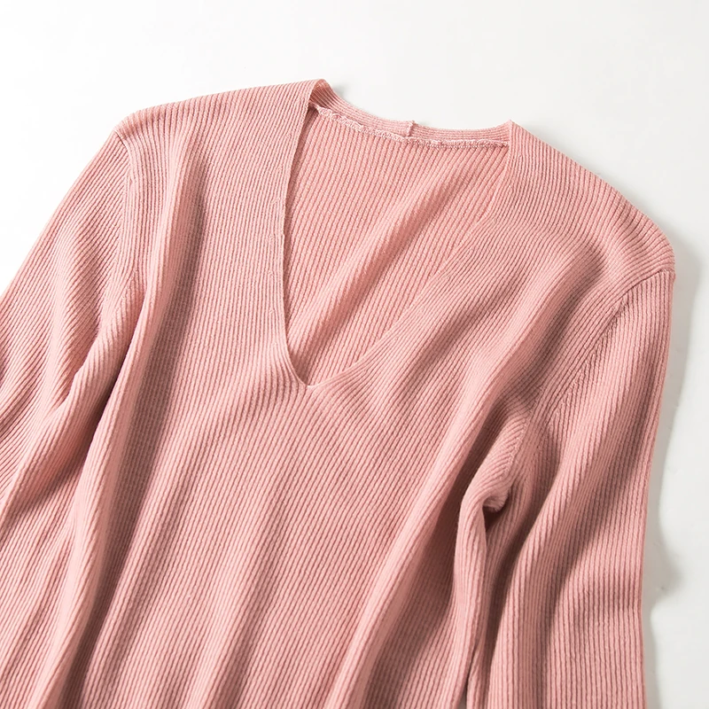 Women Pullovers 100%Wool Rib knitted Half sleeved sweaters V neck pullover 2018 Spring Bottoming knit shirt Black White Khaki | Женская