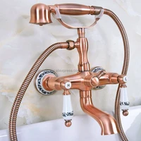 bathroom antique red copper clawfoot bathtub faucet wall mounted double handle tub faucet with handheld showers nna331