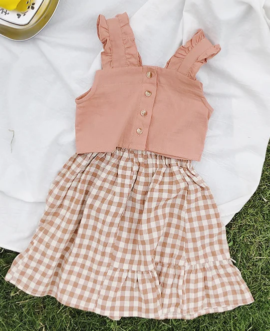 clothes set A Летние милые однотонные кружевные короткие топы для девочек и клетчатая юбка комплекты из 2 предметов модные комплекты одежды в Корейском стиле - Цвет: clothes set A