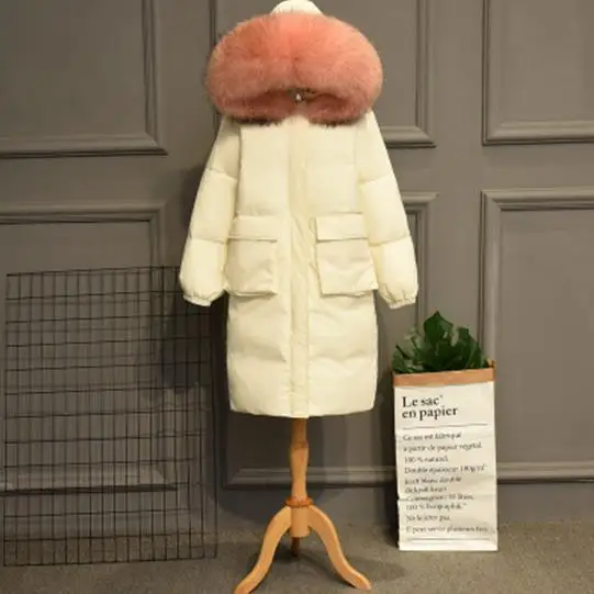 White Pink Fur Зимняя женская куртка-пуховик на белом утином пуху, теплая, с большим воротником из натурального меха, с капюшоном, толстая, длинная, пуховик, пальто, Женская одежда оверсайз, SF1058 - Цвет: White Pink Fur