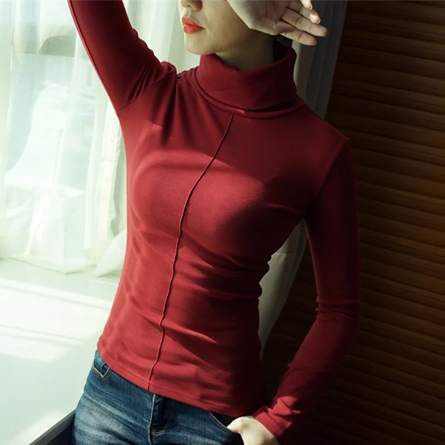 Женская утепленная водолазка эластичная футболка из 100% хлопка с высоким