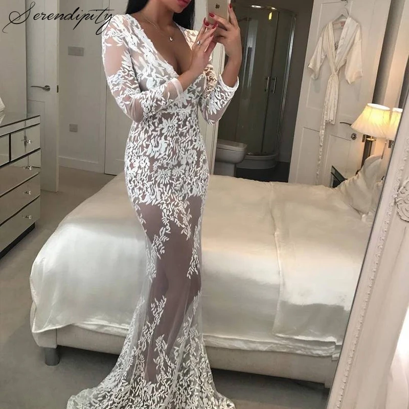 Сексуальное Кружевное с рыбьим хвостом платье v образным вырезом женское