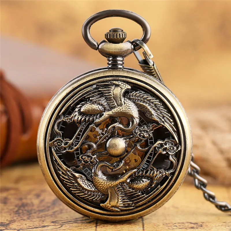 

Antique Automatic Mechanical Pocket Watch Classic Skeleton Flying Phoenix Sculpture Novel Clock Creative Gifts for Friends Teens