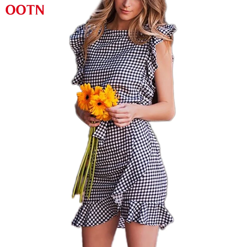 OOTN для женщин черный белый цвет платье в клетку Лето 2018 г. рюшами Мини платья