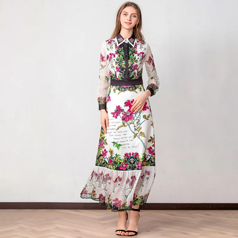Women's Runway Dresses Turn Down Collar Long Sleeves Printed Beaded Floral Elegant Casual Designer | Женская одежда