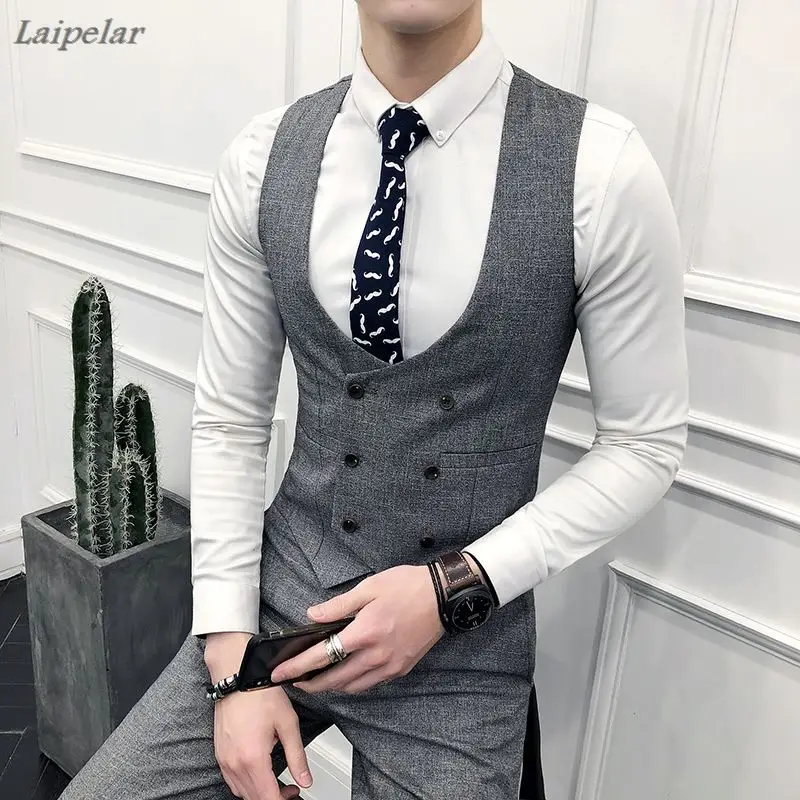 Модный новый мужской повседневный деловой двубортный жилет/мужской тонкий