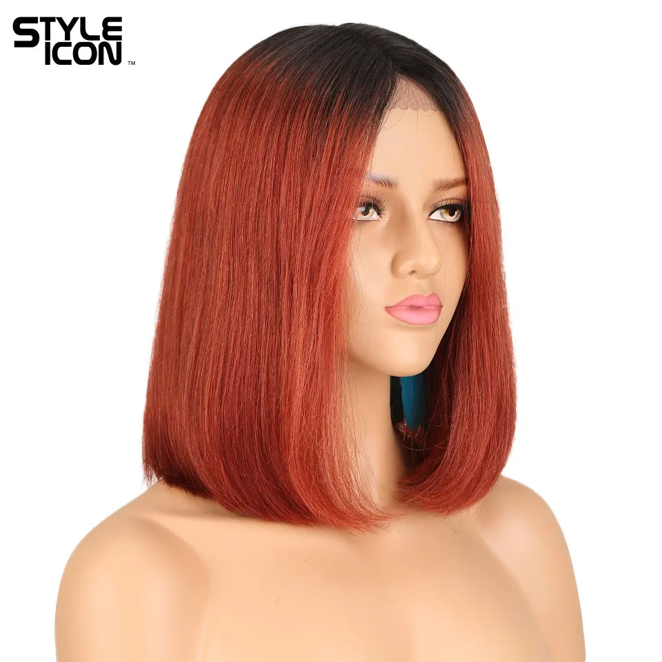 Styleicon Short Bob Straight Hair Wig Lace Front Wigs Middle Part Ombre Human 130% Density Malaysian Pink Red Remy | Шиньоны и парики