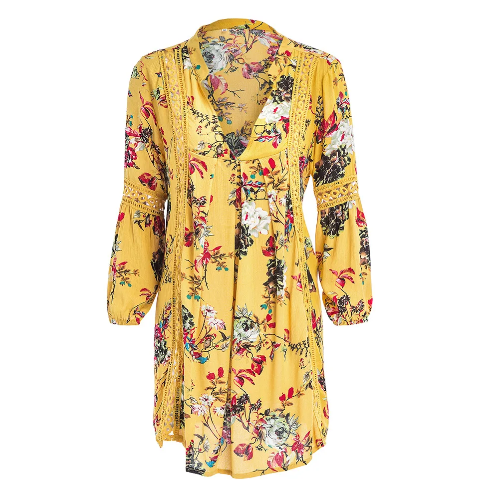 Hollow out boho summer dress Women vintage loose lace lantern sleeve short Ruffle flower print sexy vestidos | Женская одежда