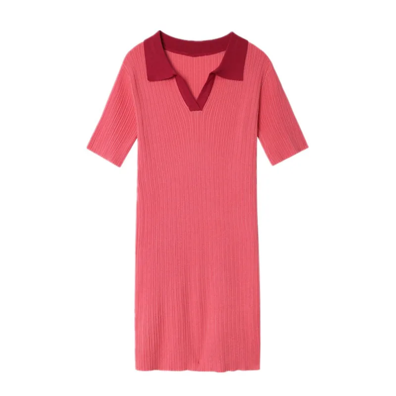 

Мини-платье PERHAPS U женское трикотажное с отложным воротником, однотонное летнее с коротким рукавом, розового, черного цветов, D1132