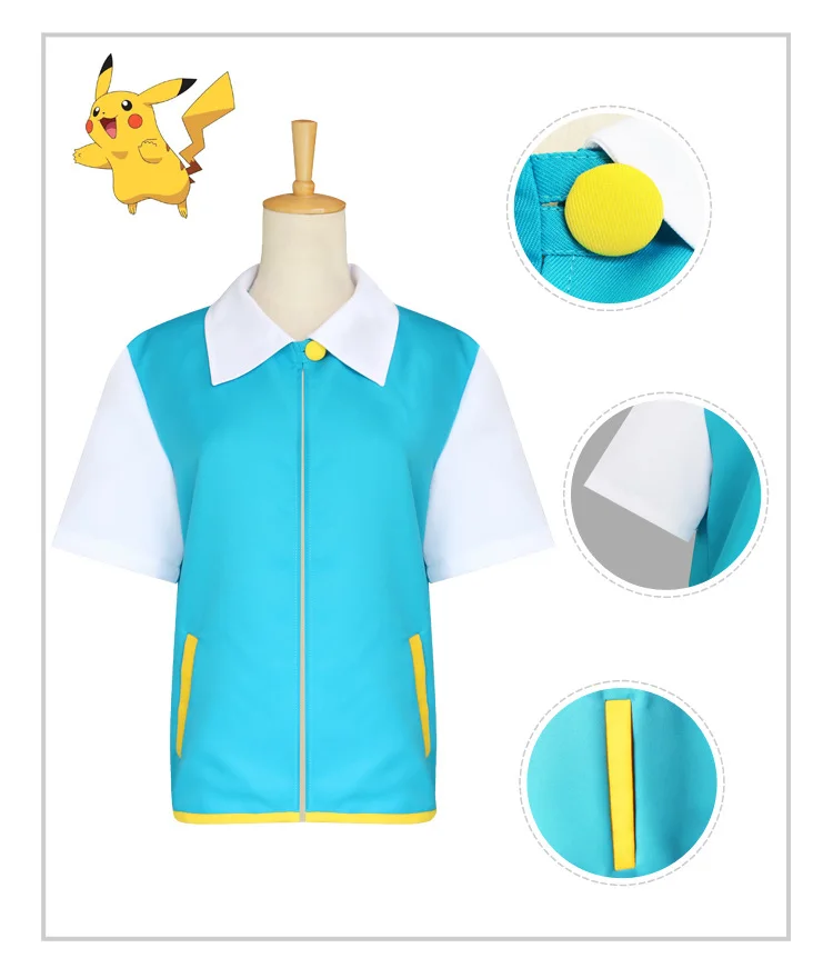 Высокое качество Pokemon Ash Кетчум косплей костюм синяя куртка + перчатки шляпа мяч