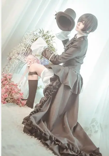 costume and wig Полный набор Черный Дворецкий Косплей Ciel Phantomhive Черный Косплей Костюм Шляпа кольцо - Цвет: costume and wig