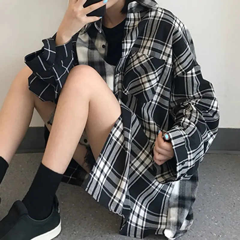 Женская длинная рубашка в стиле Харадзюку свободная клетчатая с отложным