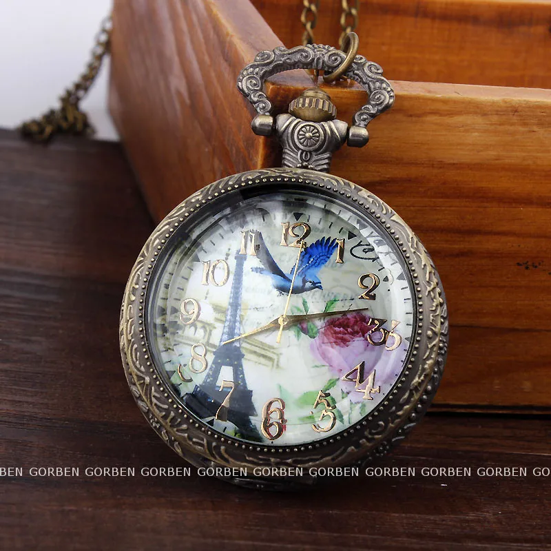 Античная Эйфелева башня Любовь Птица цветок полый кварцевый Карманный