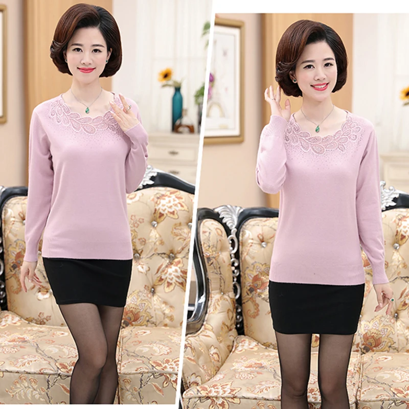 Spring Women Sweaters 2018 New Knitted Bottoming Sweater Fashion Round Neck Middle-aged Mother Installed Wool Pure color | Женская