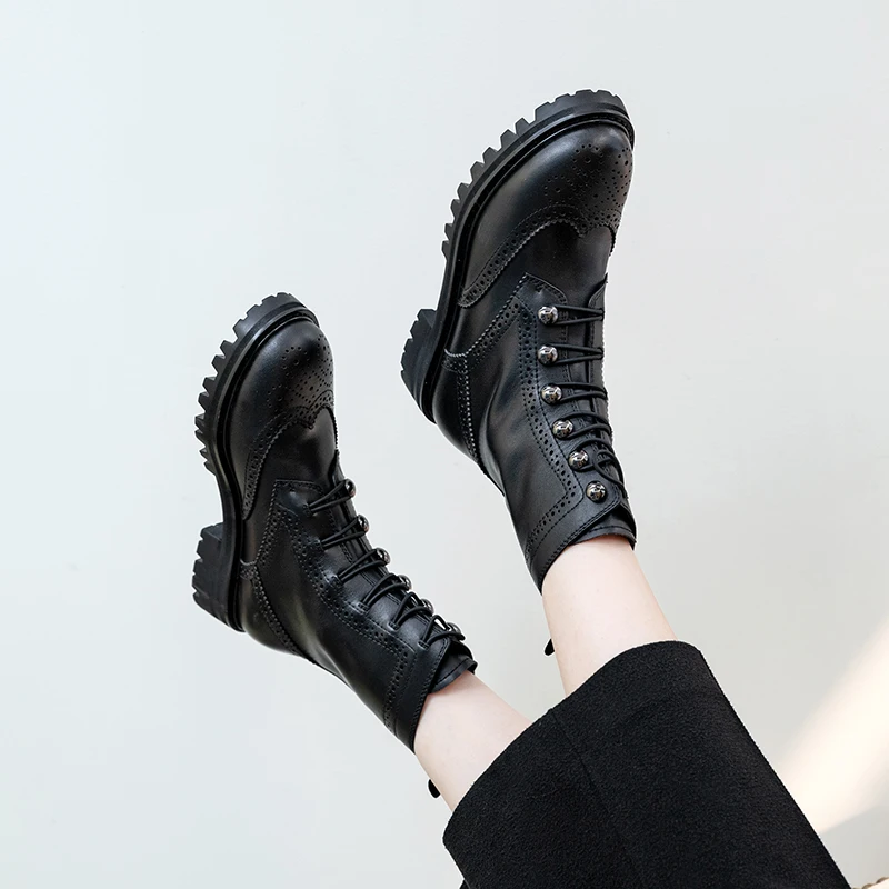 ISNOM Motorcycle Boots Women Mid-Calf Military Boot Round Toe Neutral Brogue Shoes Female Cross Tied Rivet Casual Shoes Ladies