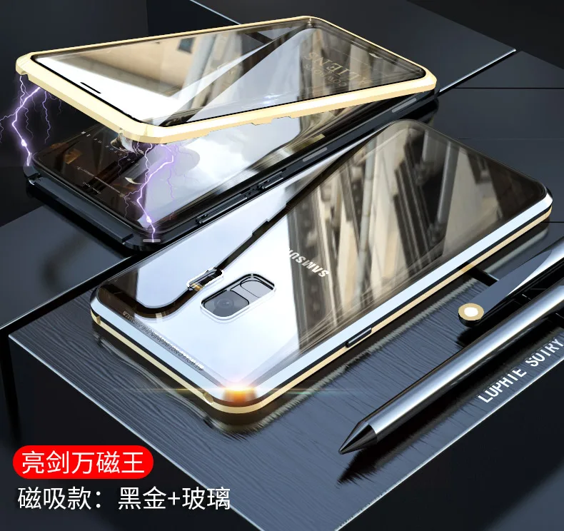LUPHIE Магнитная Адсорбция металлический корпус для samsung Galaxy S9 S8 плюс S10 Plus закаленное Стекло задний Чехол на магните для Note 8 9 чехлы
