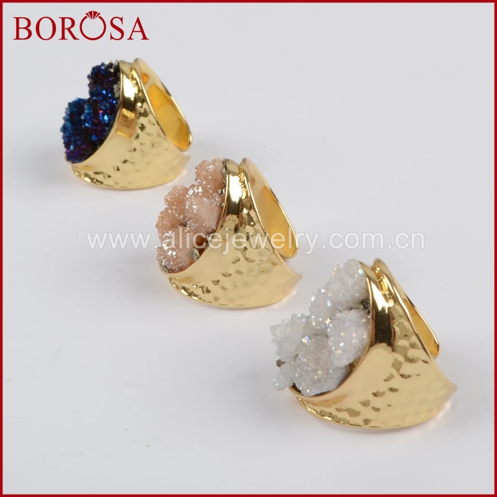 BOROSA Кольца нового стиля! Золотой Цвет Грубый Титан друзы Кристалл чипы кольца для