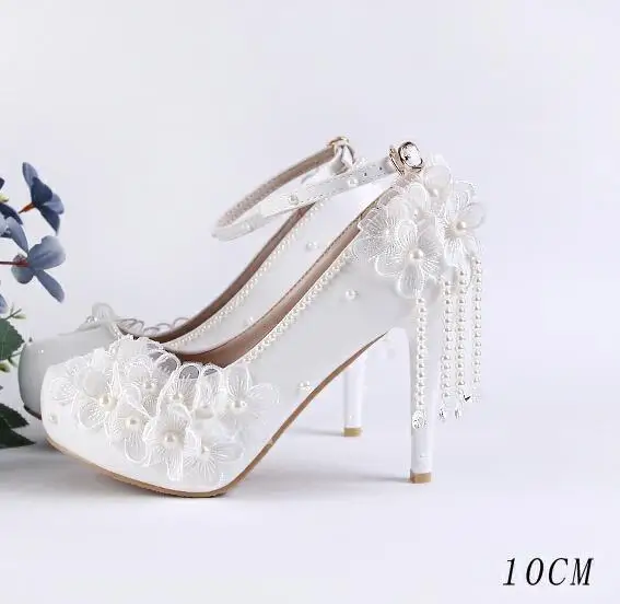 Carollabelly/милые свадебные туфли с грушевидным цветком; женские белые туфли-лодочки на платформе; стразы; свадебные туфли на высоком каблуке с ремешком на щиколотке - Цвет: 10 cm