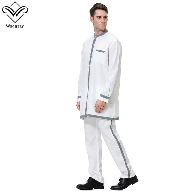 Белый Wechery S-3XL костюмы мужские Мусульманский Стиль двойка топы и штаны комплект серый белый бежевый с длинным рукавом карманом jubba thobe - Цвет: Белый