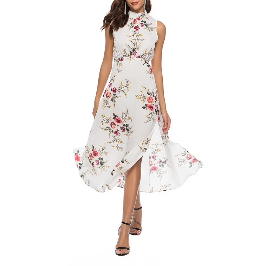 Women Summer Floral Print Beach Dress Ladies Sexy Thigh Slit Slip Midi Halter Sleeveless High Waist Tank Vestido | Женская одежда