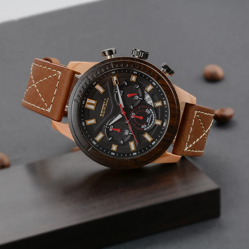 Men Luxury Waterproof Quartz Watch Wood Case Leather Strap With Chronograph And Calendar Functions Luminous Hands Bewell 161A