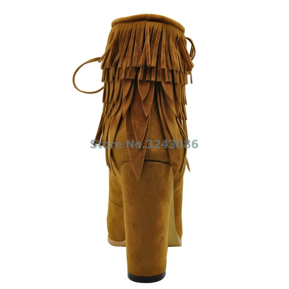 spesifikasi Baru Fringe Suede Ankle Boots Cross Diikat Renda Chunky Kuku Tumit Sepatu Bot Coklat Rumbai Nubuck Sepatu Fashion Kasual Wanita Sepatu
