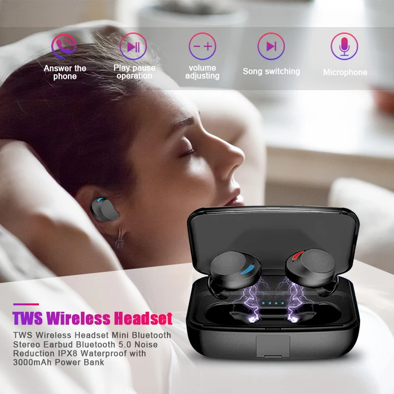 TWS Беспроводной мини гарнитура Bluetooth 5,0 наушники IPX8 Водонепроницаемый Шум снижение наушники с микрофоном и 3000 мА/ч, Мощность зарядный чехол