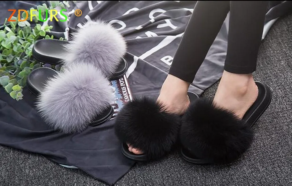 ZDFURS/; модные шлепанцы с лисьим мехом; шлепанцы без задника с натуральным мехом; Летние вьетнамки; повседневные Модные босоножки с лисьим мехом; модная плюшевая обувь;