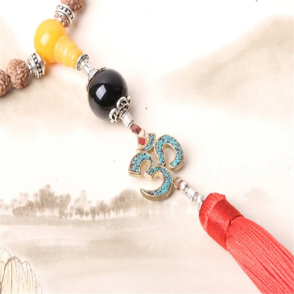 7/8/9 мм Индонезия натуральный 5 лепестков Rudraksha 108 четки Мала Непал Ом кулон с красной бахромой Йога бисером Цепочки и ожерелья или браслет