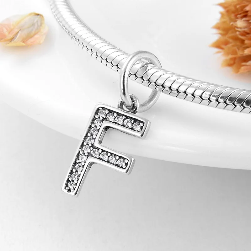 F Подвеска pandora, серебро 925, браслет, настоящее 925 пробы, серебряный, модный, с буквами A to Z, очаровательный Бисер для изготовления ювелирных изделий - Цвет: F