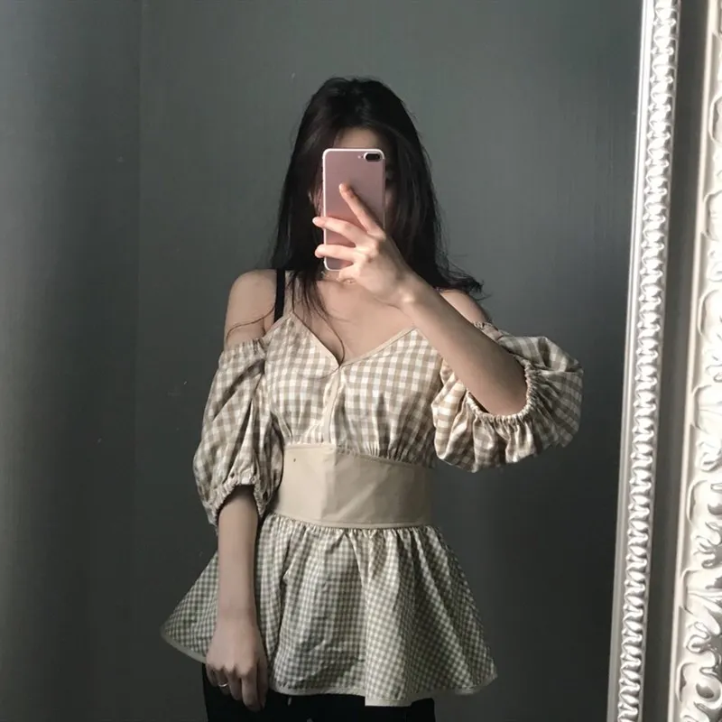 Корейская одежда клетчатые блузки женское с буфами рукавом v образным вырезом